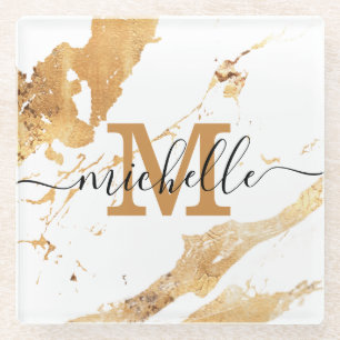 Modern White Gold Marble Monogrammed Name Script  Glass Coaster