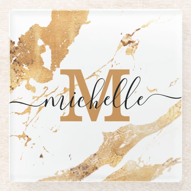 Modern White Gold Marble Monogrammed Name Script  Glass Coaster (Front)