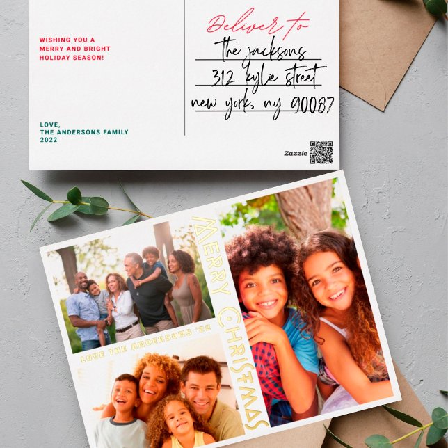 MODERN WHITE Gold MERRY CHRISTMAS MULTI Photo Foil Holiday Postcard (Creator Uploaded)