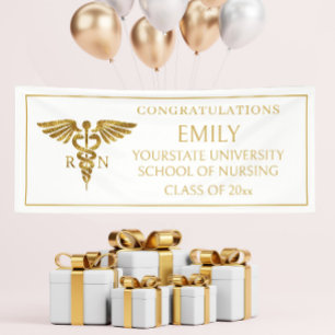 Modern White Gold Nursing School RN Graduation Banner