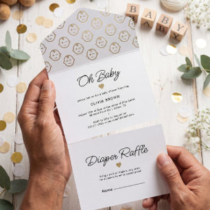 Modern White Gold Oh Baby Shower All In One Invitation