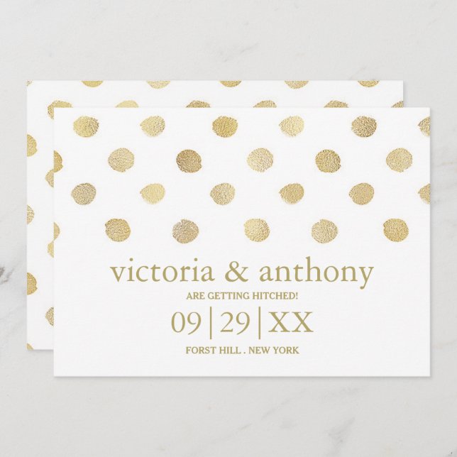 Modern White & Gold Polka Dots Save The Date (Front/Back)