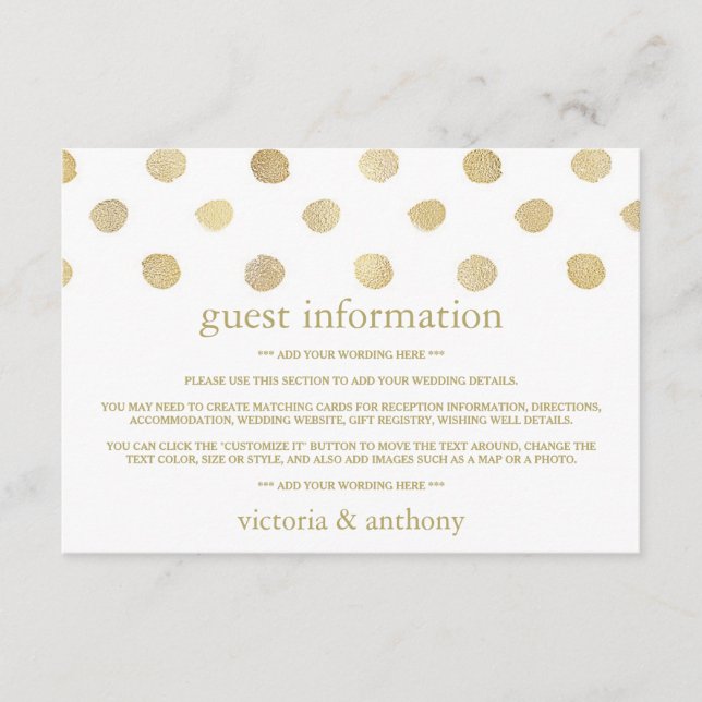 Modern White & Gold Polka Dots Wedding Detail Enclosure Card (Front)