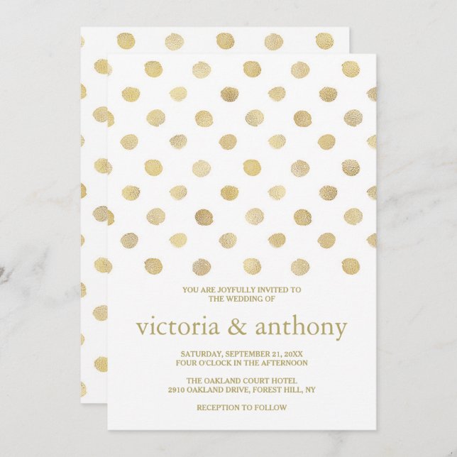 Modern White & Gold Polka Dots Wedding Invitation (Front/Back)