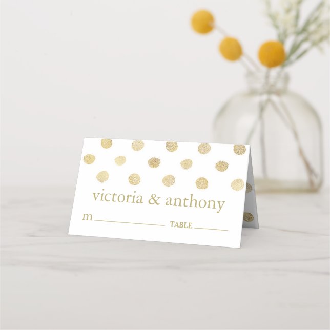 Modern White & Gold Polka Dots Wedding Place Card (Front)
