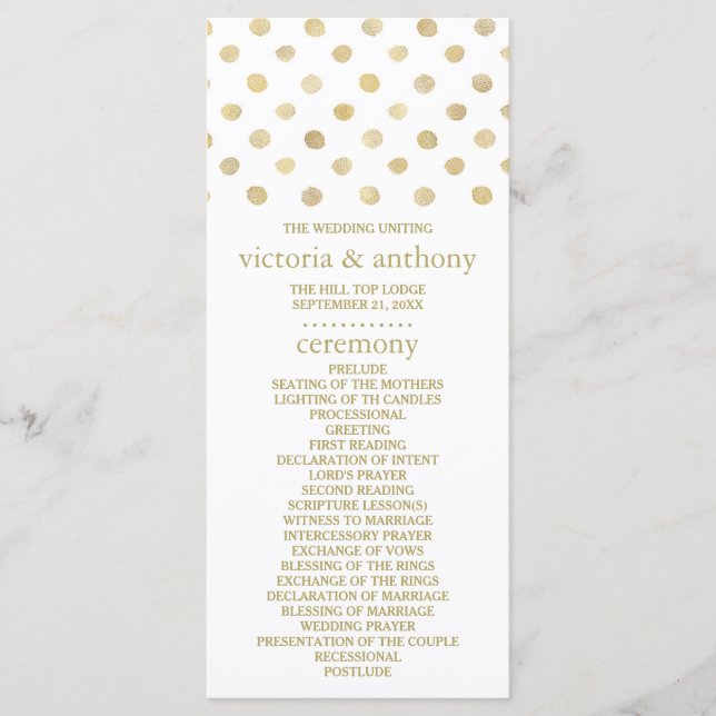 Modern White & Gold Polka Dots Wedding Program Programme (Front)