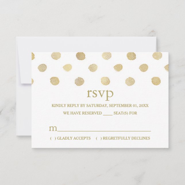 Modern White & Gold Polka Dots Wedding RSVP Card (Front)
