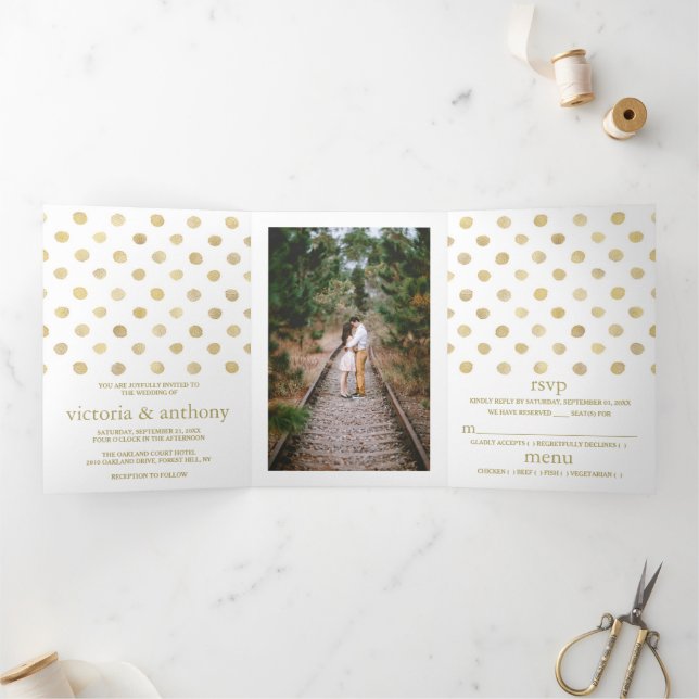Modern White & Gold Polka Dots Wedding Suite Tri-Fold Invitation (Inside)