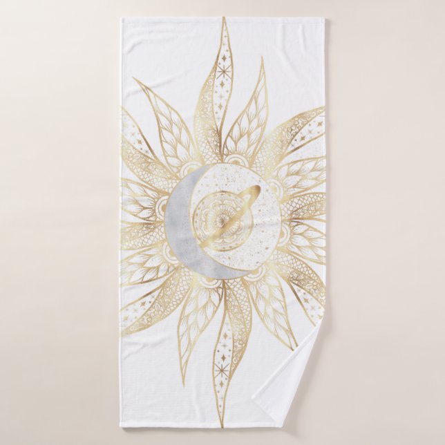 Modern White Gold Sun Moon Planet Universe Mandala Bath Towel Set (Bath Towel)