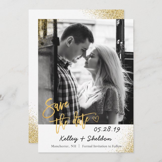Modern White & Gold Wedding Save The Date Photo (Front/Back)