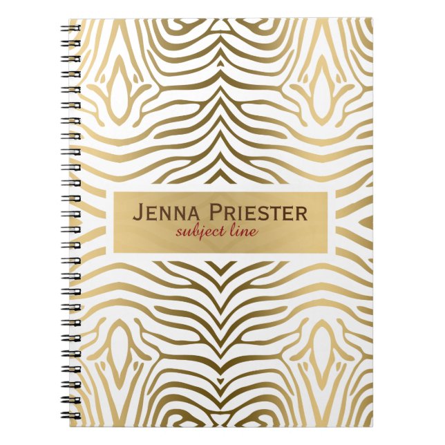 Modern White & Gold Zebra Stripes Pattern Spiral Notebook (Front)
