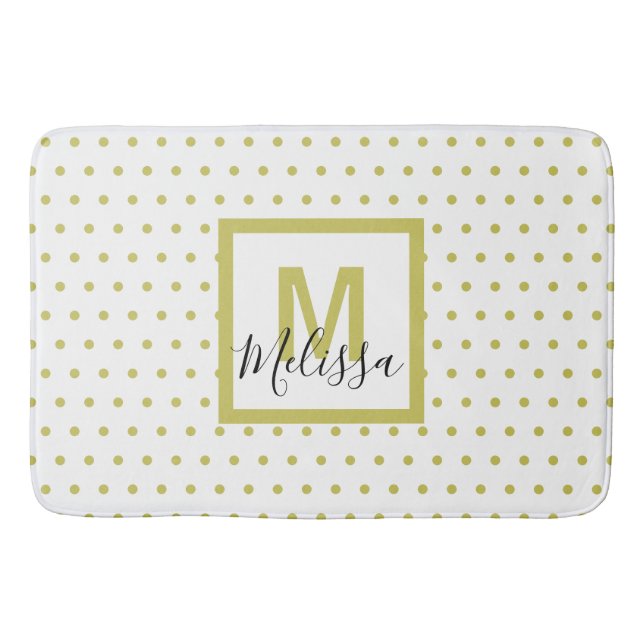 Modern White Golden Circle Pattern Monogram Bath Mat (Front)