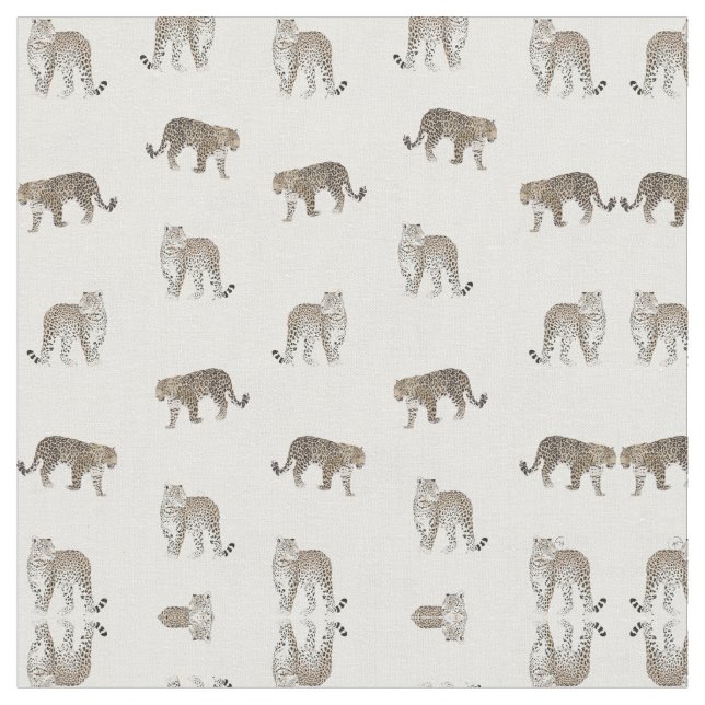 Modern White Golden Leopard Jungle Animals Fabric (Close Up)