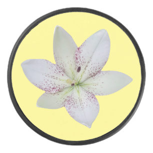 Modern White Golden-rayed lily Flower Pattern Hockey Puck