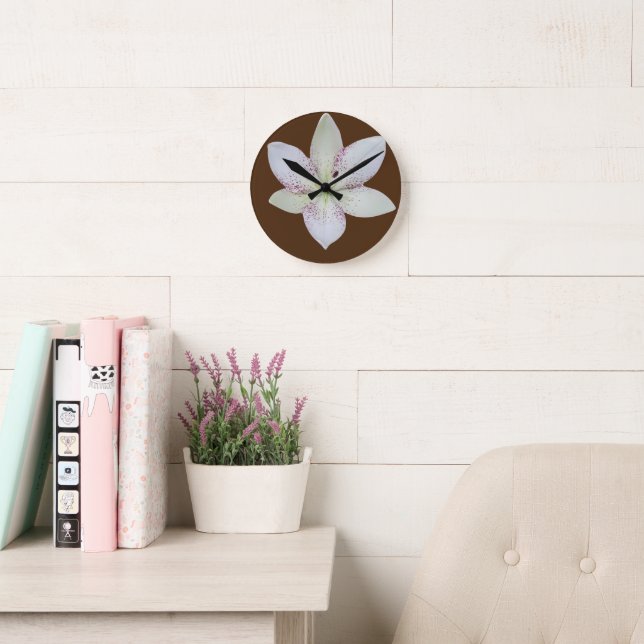 Modern White Golden-rayed lily Flower Pattern   Round Clock (Reading Room)
