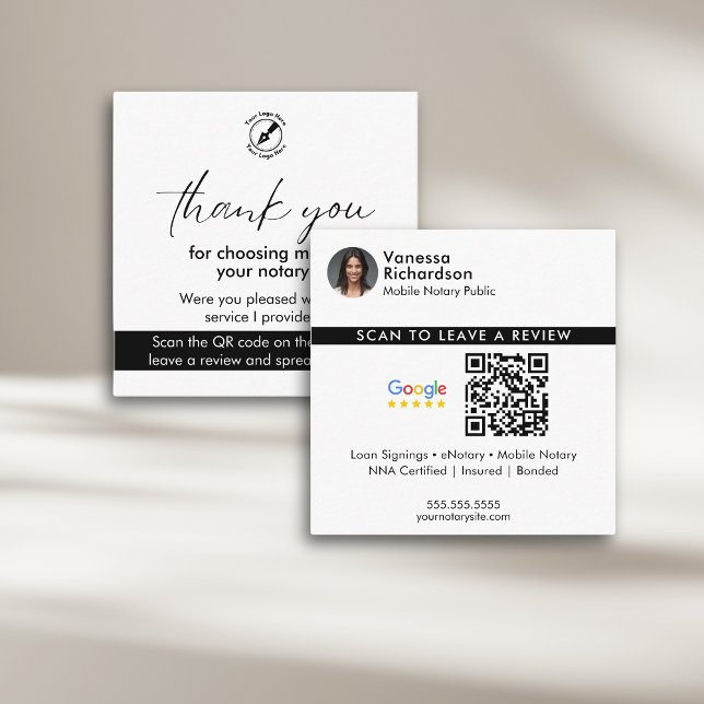 Modern White Google Review QR Notary Thank You Square Business Card (Creator Uploaded)