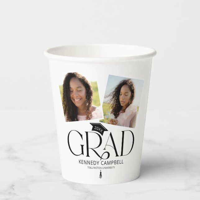 Modern White Graduation Cap & Tassel Paper Cups (Back)