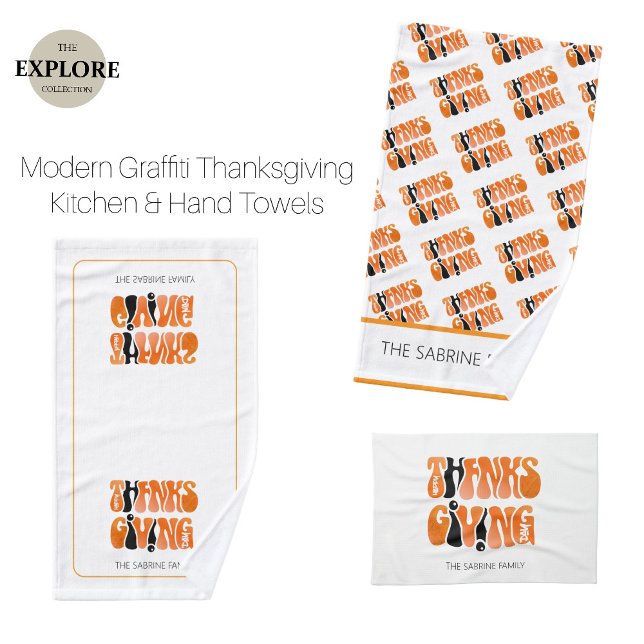 Modern White Graffiti Thanksgiving Autumn Fall  Tea Towel (Creator Uploaded)