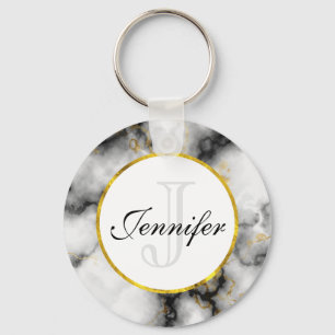 Modern White Gray Marble with Gold Ribbon Monogram Key Ring