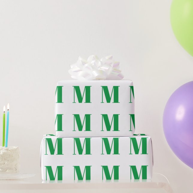 Modern white green custom initial letter monogram wrapping paper (Party Gifts)