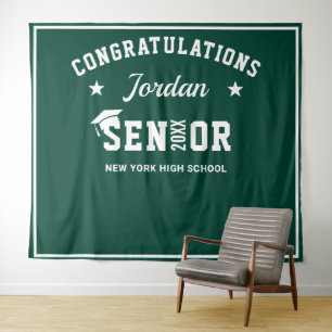 Modern White Green Graduation Photo Booth Backdrop Tapestry