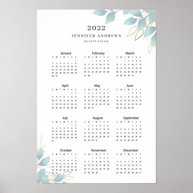 Modern White Green Leafy Calender 2022 Poster (Front)