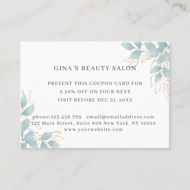 Modern, white-green Leafy  Discount Card (Front)