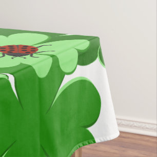 Modern White, Green, Red Ladybug Insect & Clover Tablecloth