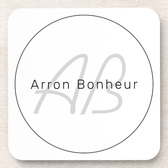 Modern White Grey & Black | Cool Name & Monogram Coaster (Front)