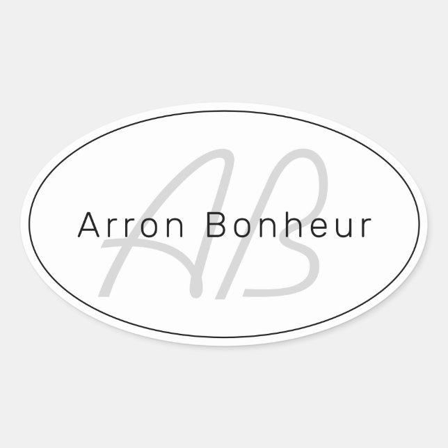 Modern White Grey & Black | Cool Name & Monogram Oval Sticker (Front)