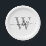 Modern White Grey Custom Monogram Name Script Paper Plate<br><div class="desc">Girly Modern Simple Elegant White and Grey Monogram Initial Name Signature Script Custom Personalised Paper Plates. This design featuring your first name in a pretty hand lettered style swash tail font typography (or calligraphy) with monogram initial in black and grey on white. These are easy to customise it. Great for...</div>