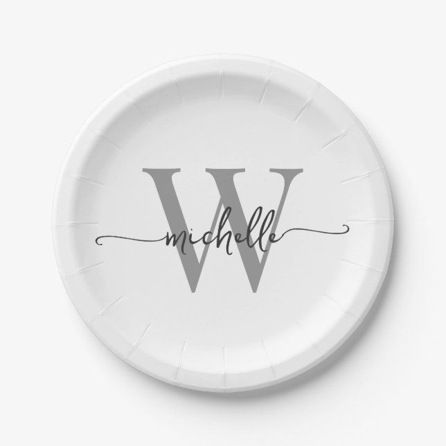 Modern White Grey Custom Monogram Name Script Paper Plate (Front)