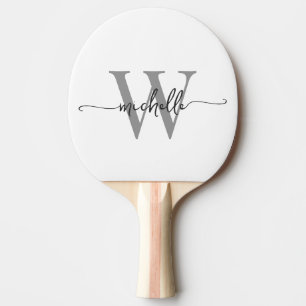 Modern White Grey Custom Monogram Name Script Ping Pong Paddle