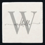 Modern White Grey Custom Monogram Name Script Stone Coaster<br><div class="desc">Girly Modern Elegant White and Grey Monogram Initial Name Signature Script Custom Personalised Stone Coaster. This design featuring your first name in a pretty hand lettered style swash tail font typography (or calligraphy) with monogram initial in black and grey on white. These are easy to customise it. Great stylish feminine...</div>
