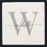 Modern White Grey Custom Monogram Name Script Stone Coaster<br><div class="desc">Girly Modern Elegant White and Grey Monogram Initial Name Signature Script Custom Personalised Stone Coaster. This design featuring your first name in a pretty hand lettered style swash tail font typography (or calligraphy) with monogram initial in black and grey on white. These are easy to customise it. Great stylish feminine...</div>