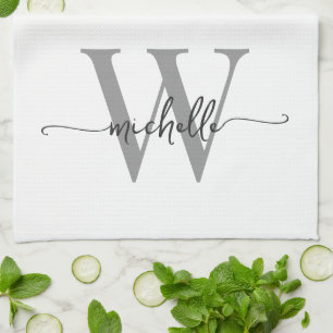 Modern White Grey Custom Monogram Name Script Tea Towel