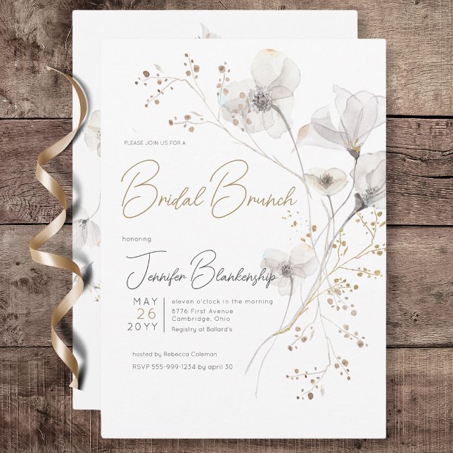 Modern White Grey & Gold Floral Bridal Brunch Invitation (Modern White Gray & Gold Floral Bridal Brunch Invitation)