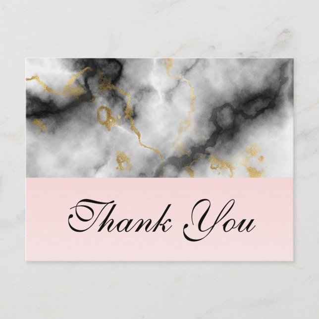 Modern White Grey Marble & Gold Ribbon Thank You Postcard (Front)
