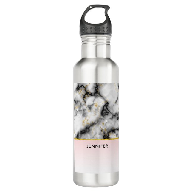 Modern White Grey Marble with Gold Ribbon 710 Ml Water Bottle (Front)