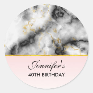 Modern White Grey Marble with Gold Ribbon Birthday Classic Round Sticker