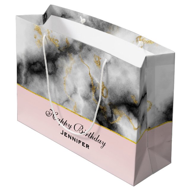 Modern White Grey Marble with Gold Ribbon Birthday Large Gift Bag (Back Angled)