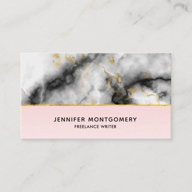Modern White Grey Marble with Gold Ribbon Business Card (Front)