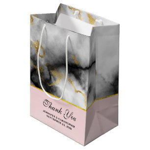 Modern White Grey Marble with Gold Ribbon Medium Gift Bag
