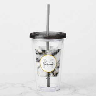 Modern White Grey Marble with Gold Ribbon Monogram Acrylic Tumbler