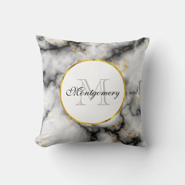 Modern White Grey Marble with Gold Ribbon Monogram Cushion (Front)
