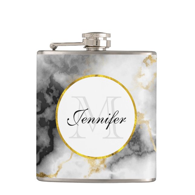 Modern White Grey Marble with Gold Ribbon Monogram Hip Flask (Front)