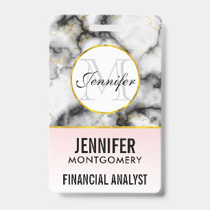 Modern White Grey Marble with Gold Ribbon Monogram ID Badge