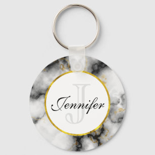 Modern White Grey Marble with Gold Ribbon Monogram Key Ring