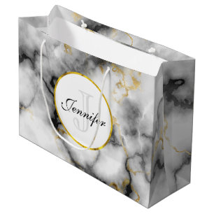 Modern White Grey Marble with Gold Ribbon Monogram Large Gift Bag