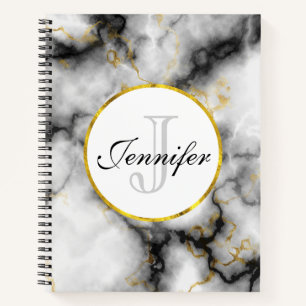 Modern White Grey Marble with Gold Ribbon Monogram Notebook